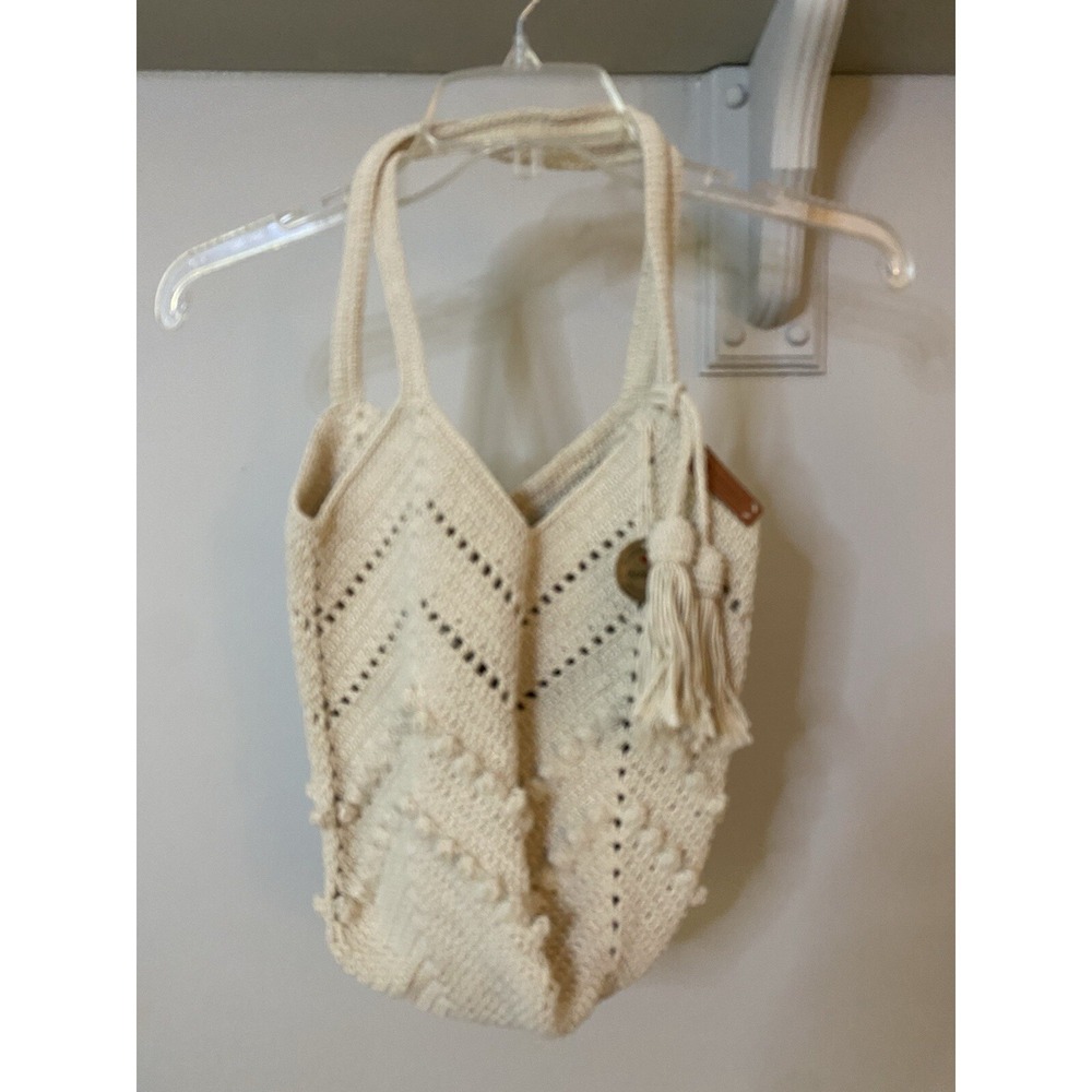 NWT Beige Handmade Crocheted Purse Tassels Boho
